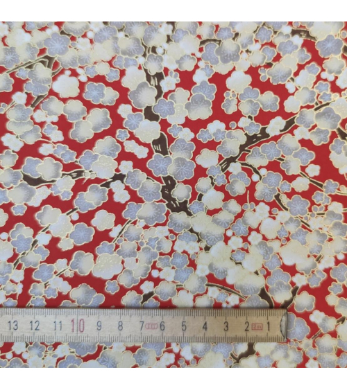 Chiyogami paper with grey and ivory ume on red