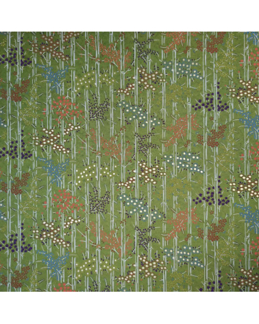 Japanese Chiyogami paper of bamboo and multicolored flowers over green
