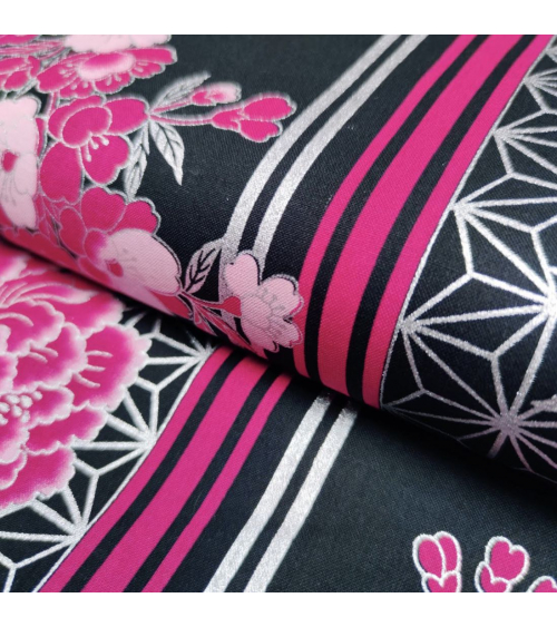 Japanese fabric Flowers, birds and stripes in fuchsia, black and silver.