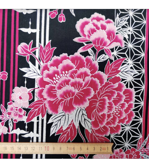 Japanese fabric Flowers, birds and stripes in fuchsia, black and silver.