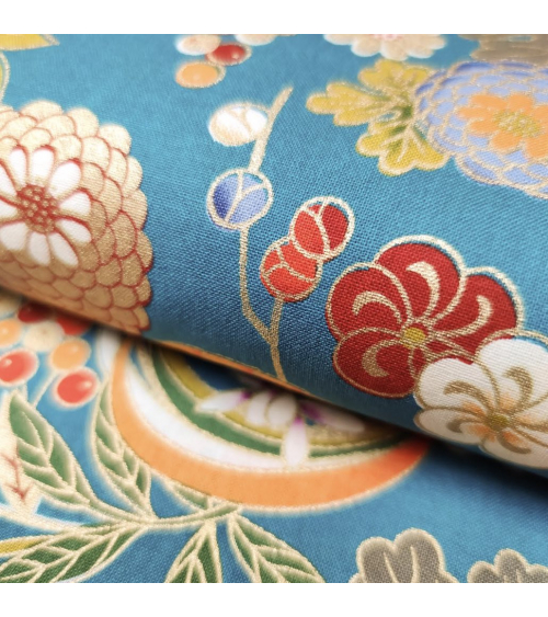 Japanese cotton fabric 'Flowers and bamboo' in retro turquoise blue.