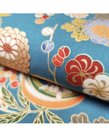 Tela japonesa Flores y bambú en azul turquesa retro.