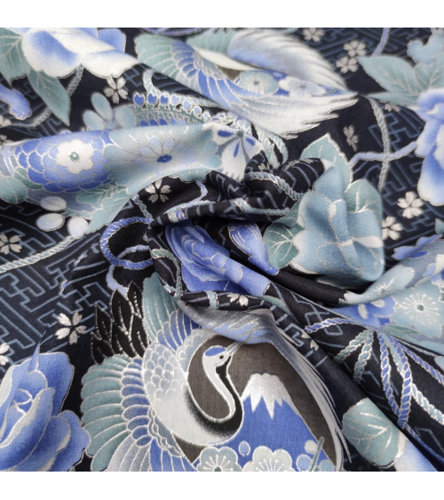 Japanese fabric 'Cranes and Fujisan' in shades of blue and silver