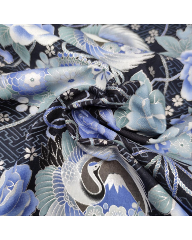 Japanese fabric 'Cranes and Fujisan' in shades of blue and silver