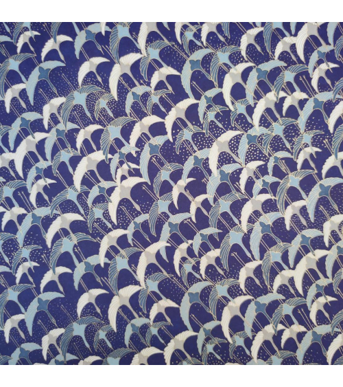 Japanese Chiyogami paper with flying cranes on a blue background.