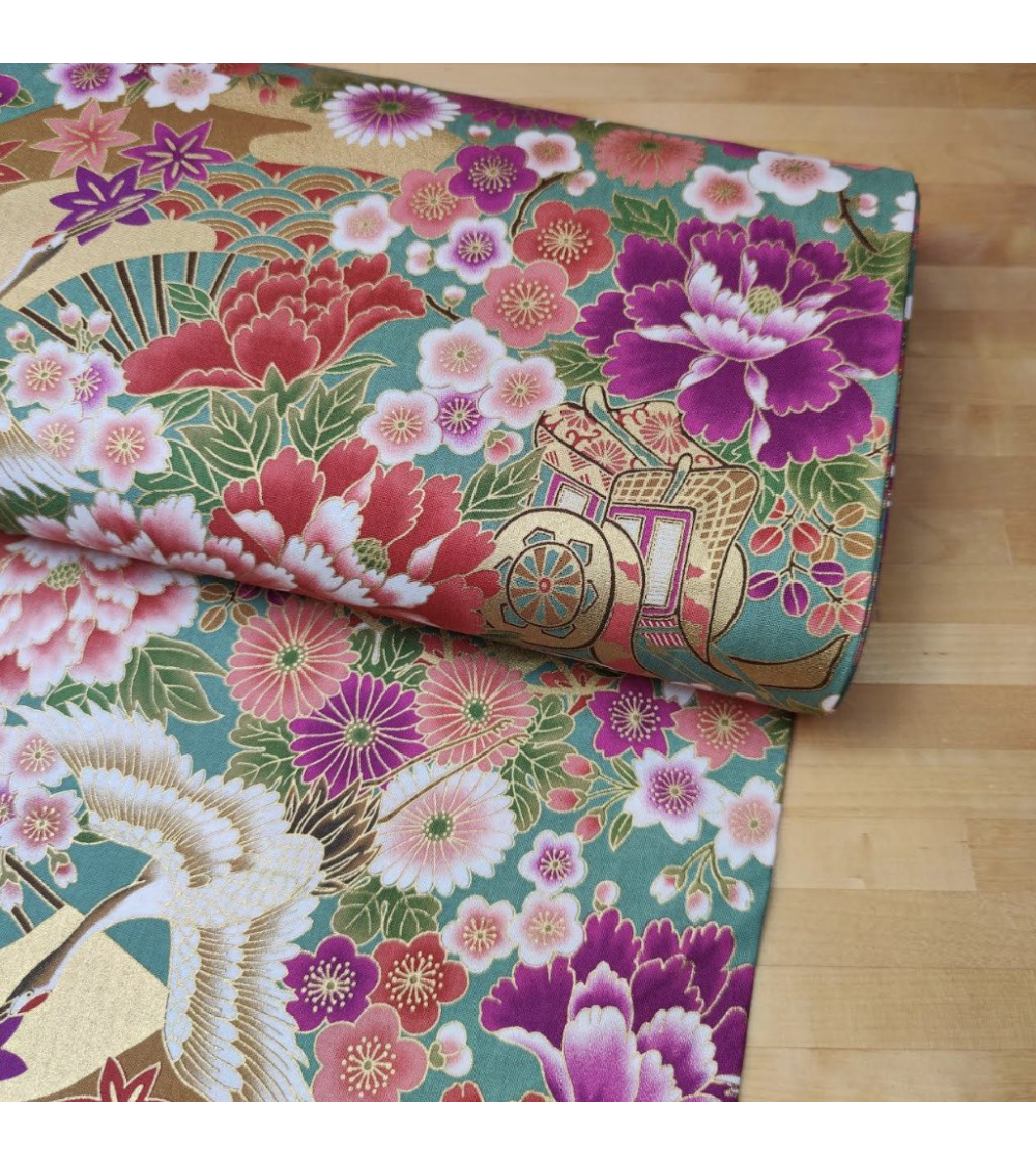 Japanese fabric Tsuru to Hana with green background.