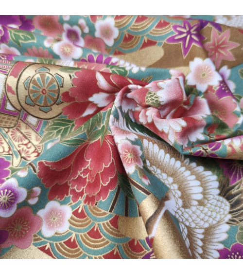 Japanese fabric Tsuru to Hana with green background.