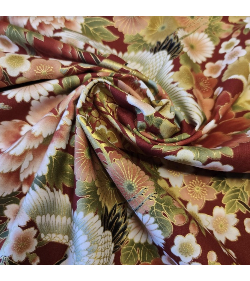 Japanese fabric Tsuru to Hana with red background.