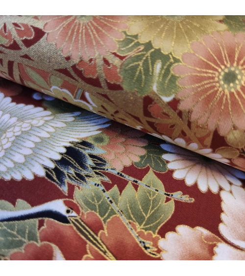 Japanese fabric Tsuru to Hana with red background.