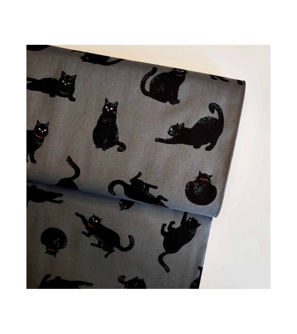 Japanese Fabric 'Cats' over dark grey background.