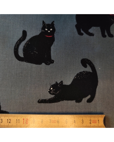 Tela japonesa "Gatos" en gris oscuro.