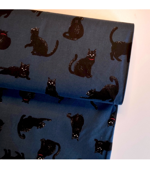 Japanese Fabric 'Cats' over lead blue background.