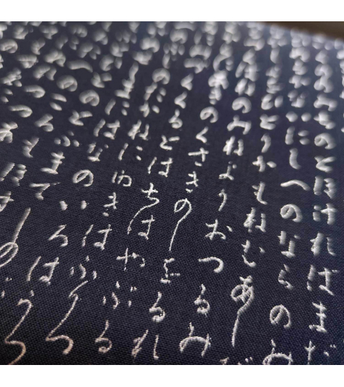 Japanese fabric. Hiragana in silver over navy blue.