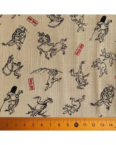 Japanese Rustic feel fabric  "Cho ju giga" with sand background.