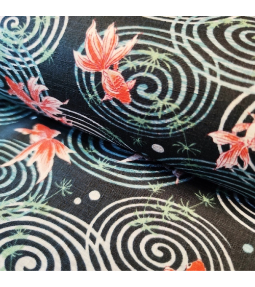 Japanese dobby fabric 'Kingyo' (goldfish) in dark green.