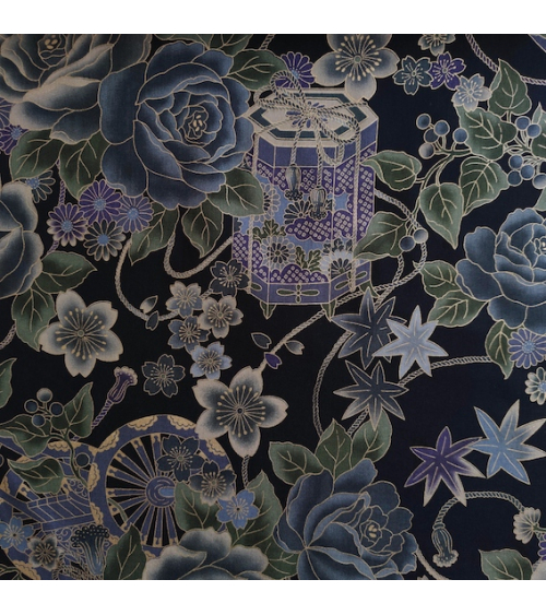 Japanese cotton fabric. Bluish roses over black.