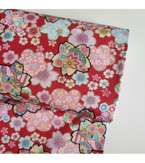 Japanese fabric 'Flowers fantasy' in red in cotton chirimen.