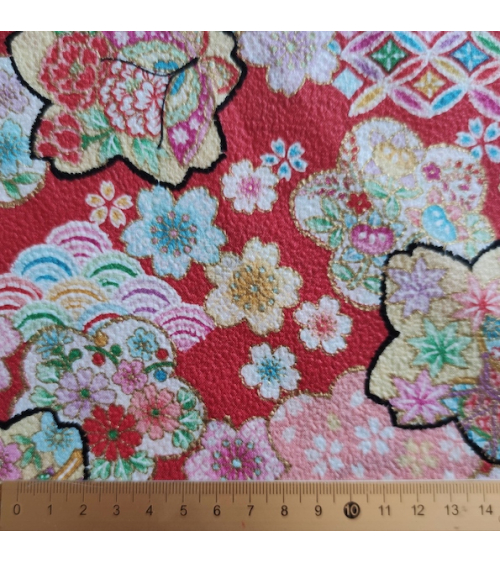 Japanese fabric 'Flowers fantasy' in red in cotton chirimen.