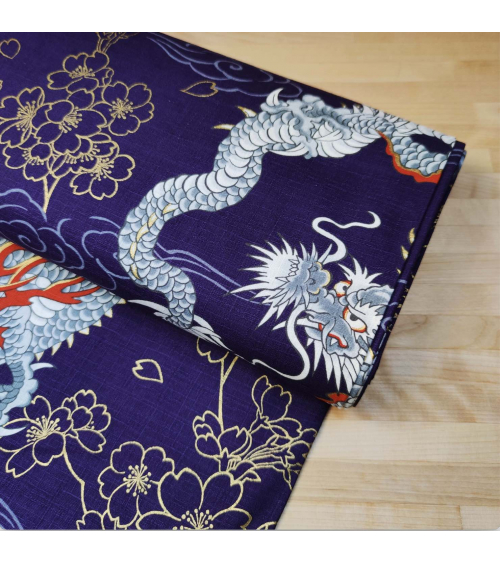 Tela dobby japonés "Dragones" en violeta.