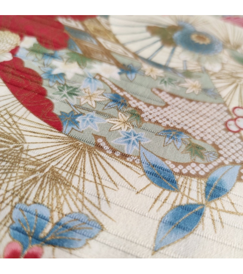 Japanese 100% cotton satin slub fabric "Sensu to matsu" (fans and pines) in ivory.