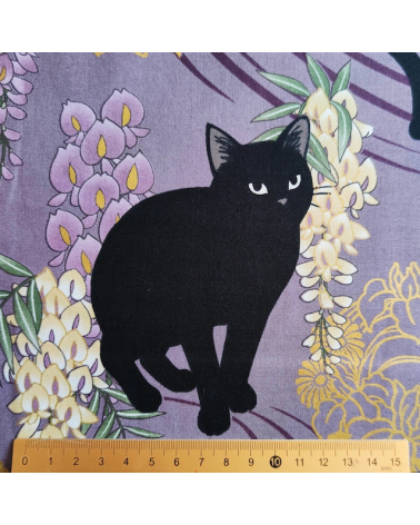 Japanese fabric. Black cats with Wisteria. Lilac background