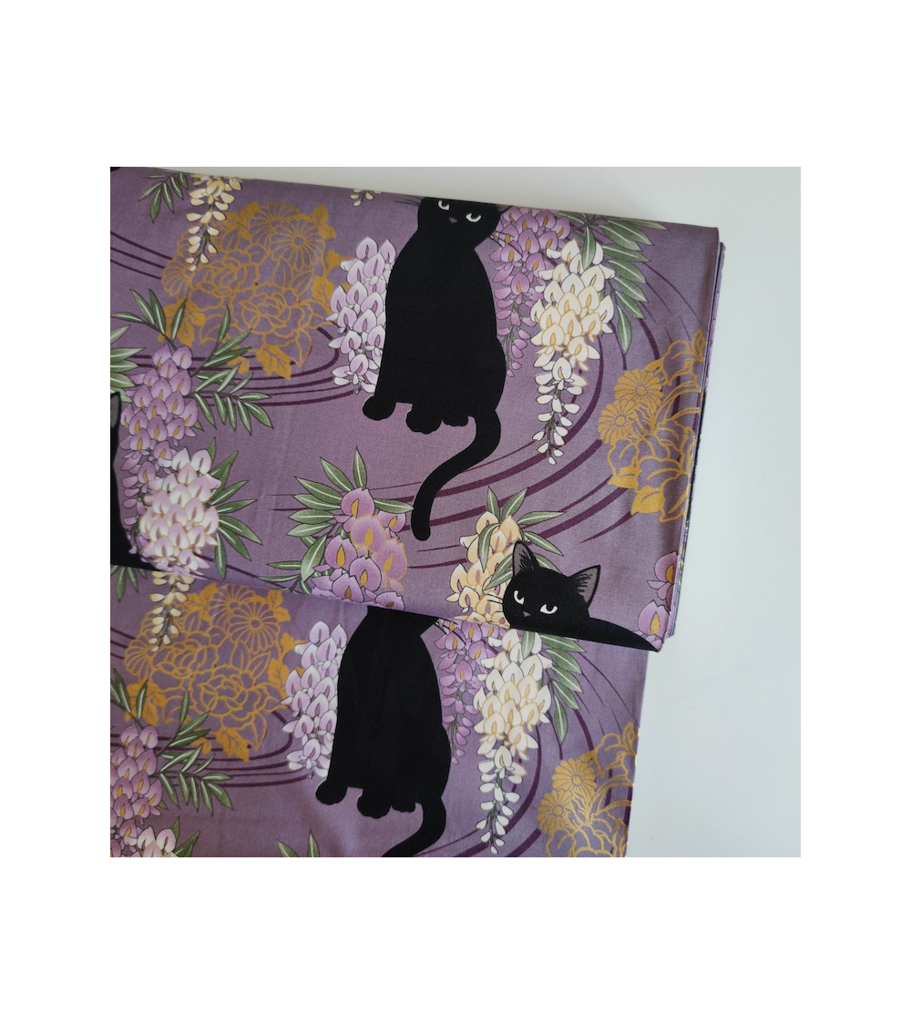 Japanese fabric. Black cats with Wisteria. Lilac background