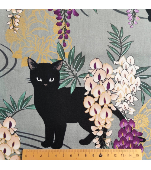 Japanese fabric. Black cats with Wisteria. sage green background