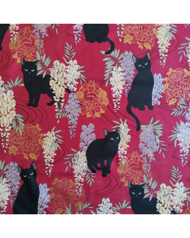 Japanese fabric. Black cats with Wisteria. Red background