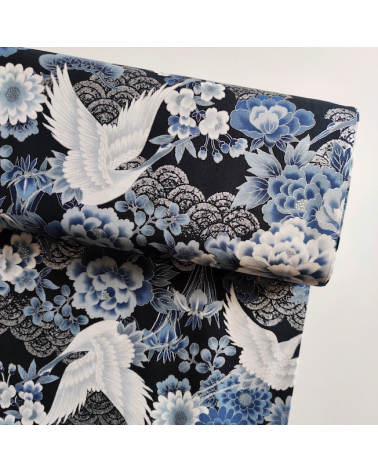 Japanese cotton fabric 'Tsuru to botan' in shades of blue, with silver details.