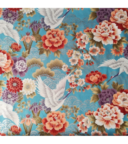 Japanese fabric 'Tsuru to botan' in turquoise blue with silver details