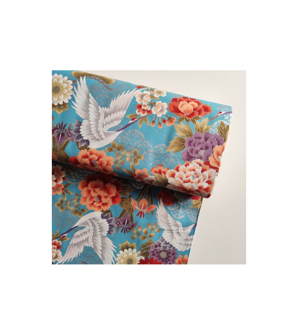 Japanese fabric 'Tsuru to botan' in turquoise blue with silver details