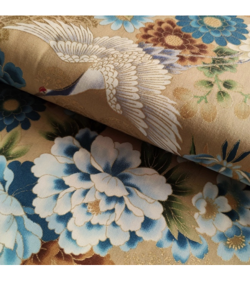 Japanese fabric 'Tsuru to botan' in tan blue with golden details