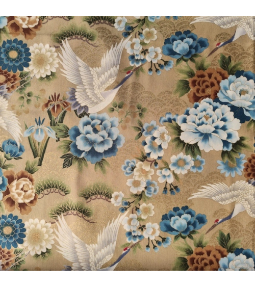 Japanese fabric 'Tsuru to botan' in tan blue with golden details