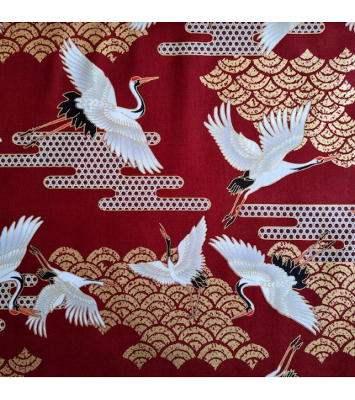 Japanese fabric. Flying Cranes and Clouds in cherry red.