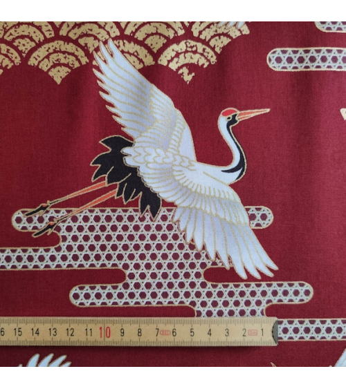 Japanese fabric. Flying Cranes and Clouds in cherry red.