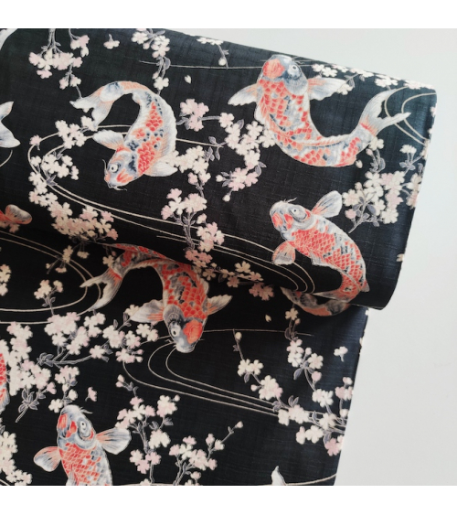 Japanese dobby fabric "Koi to sakura" in black.