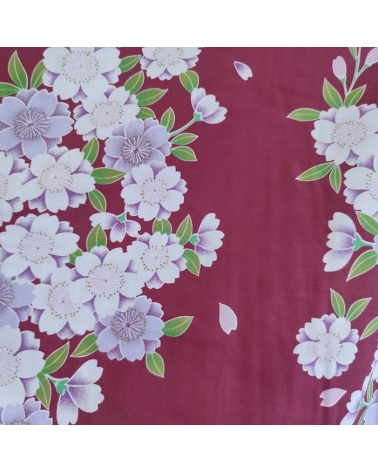 Japanese burgundy yukata with sakura pattern.