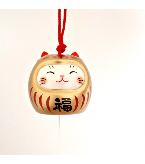 Furin (campanita japonesa) de cerámica gatito "Daruma neko" dorado