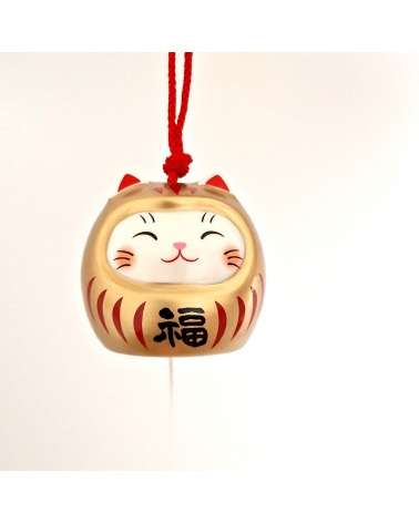 Furin (campanita japonesa) de cerámica gatito "Daruma neko" dorado