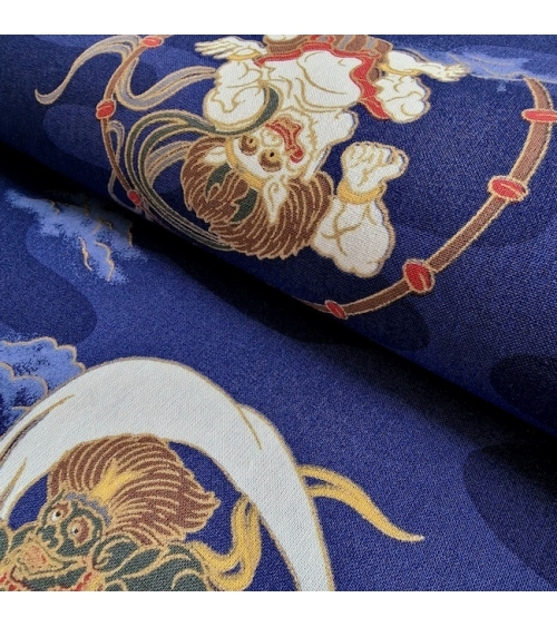 Tela japonesa de algodón dioses del trueno y viento (Fujin y Raijin) en azul.