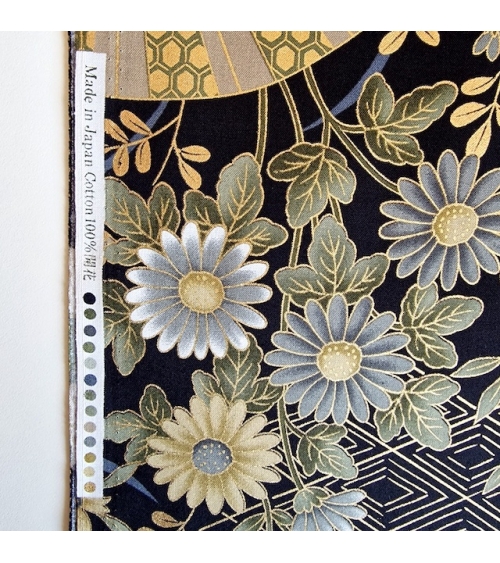 Japanese "Sensu to Hana" (fans and flowers) cotton fabric  in black.