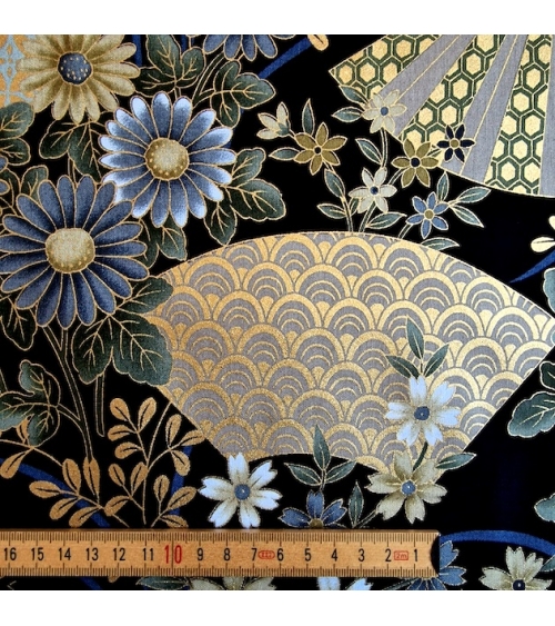 Japanese "Sensu to Hana" (fans and flowers) cotton fabric  in black.