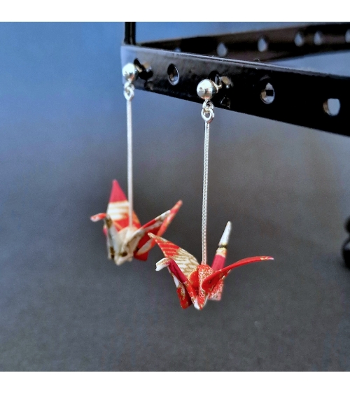 Red, white and fuchsia origami cranes Earrings. 925 silver with ball stud.
