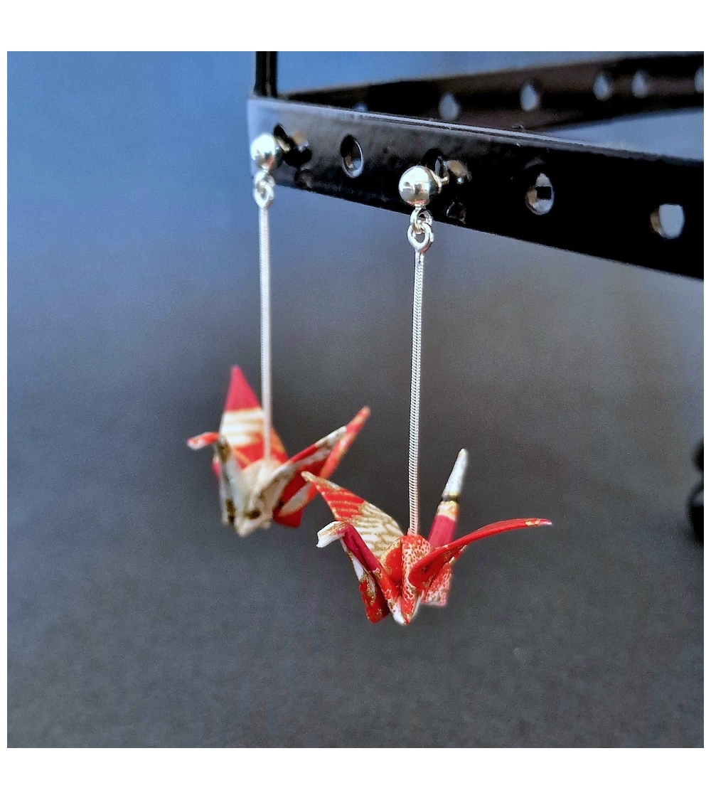 Red, white and fuchsia origami cranes Earrings. 925 silver with ball stud.