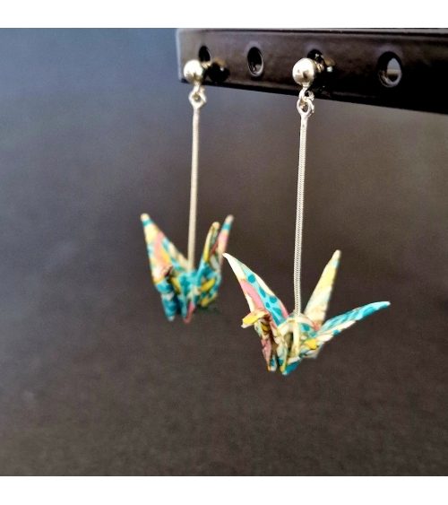 Pastel colors origami cranes Earrings. Silver.