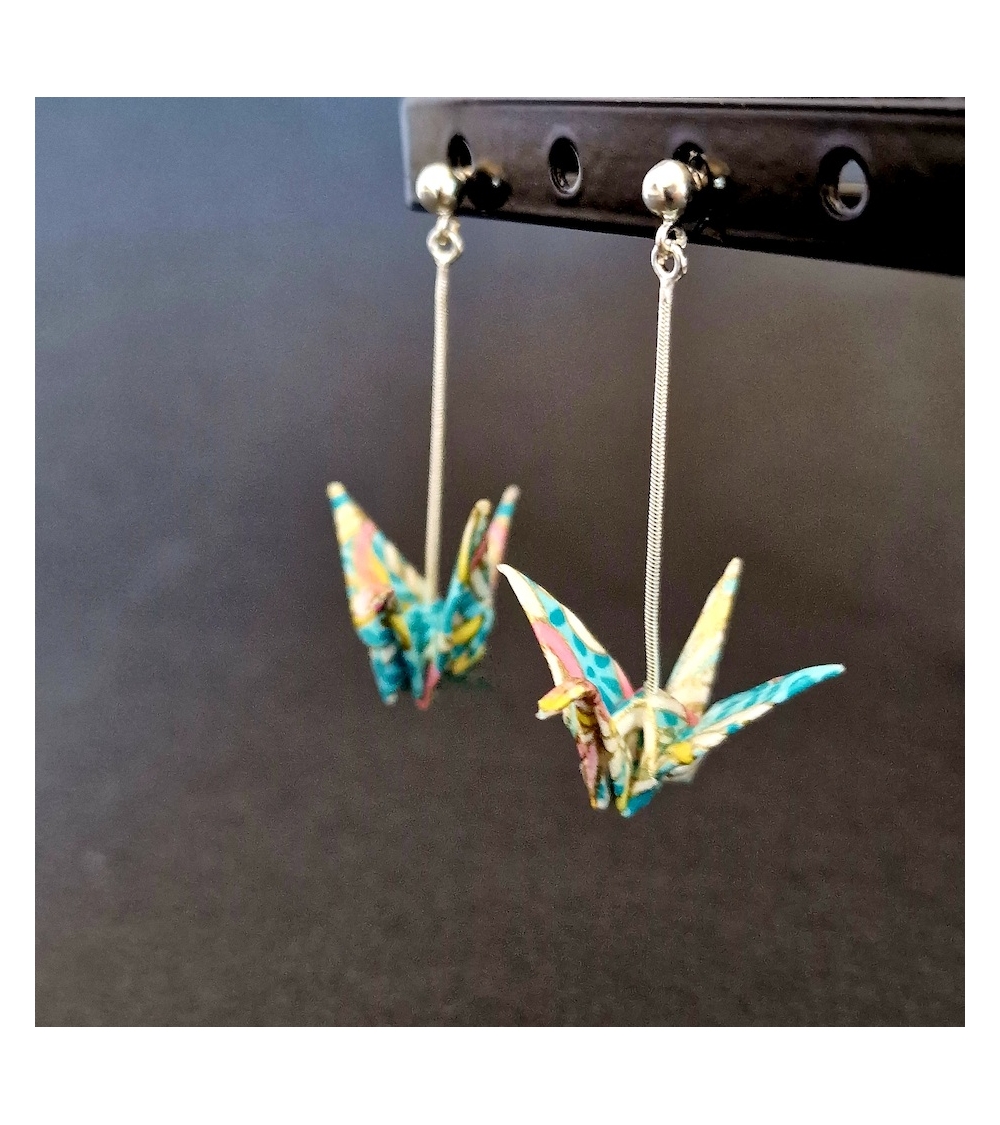 Pendientes grullas origami en colores pastel, en plata con bolita