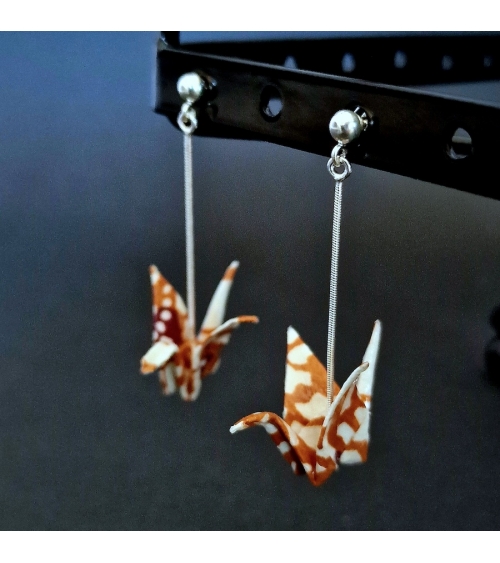 Ochre and white origami cranes Earrings. 925 silver with ball stud.