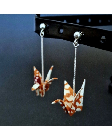Ochre and white origami cranes Earrings. 925 silver with ball stud.