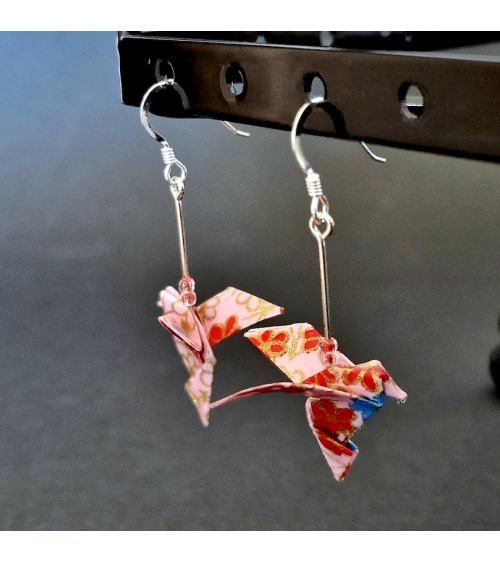 Pink origami doves Earrings. Silver.