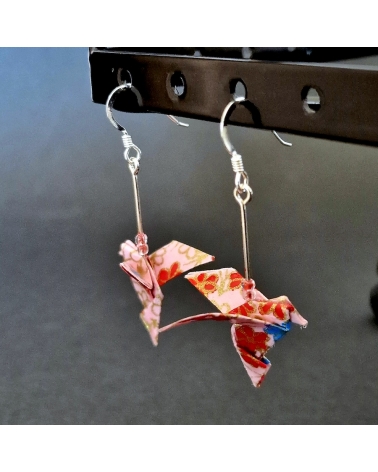 Pink origami doves Earrings. Silver.
